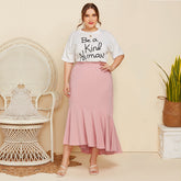 Plus Large Size Women's Short Sleeves Lettered Print T-shirt Solid Color Loose Pleated skirt casual Set Of Two Sai Feel